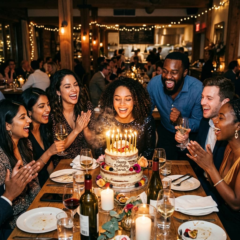 Friends celebrating around a birthday cake with glowing candles