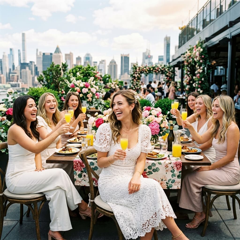 Bride-to-be and bridesmaids raising mimosa toasts at a rooftop brunch