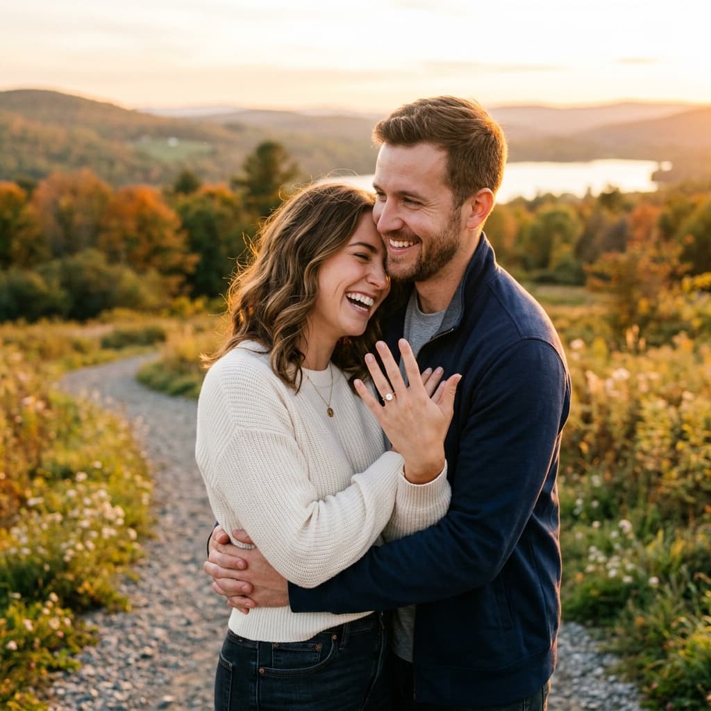 Newly engaged couple embracing with engagement ring