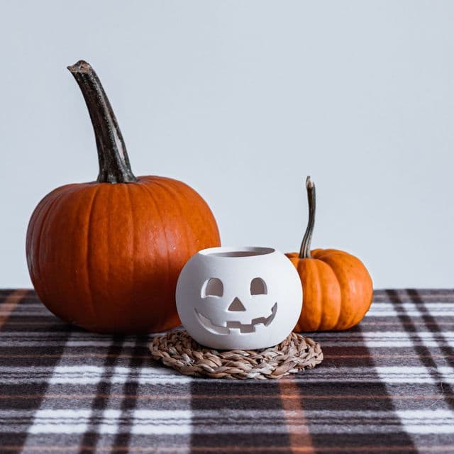 A pumpkin and a smiling jack-o-lantern mug on a picnic blanket