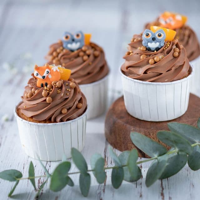 Woodland animal cupcakes on whitewashed wood
