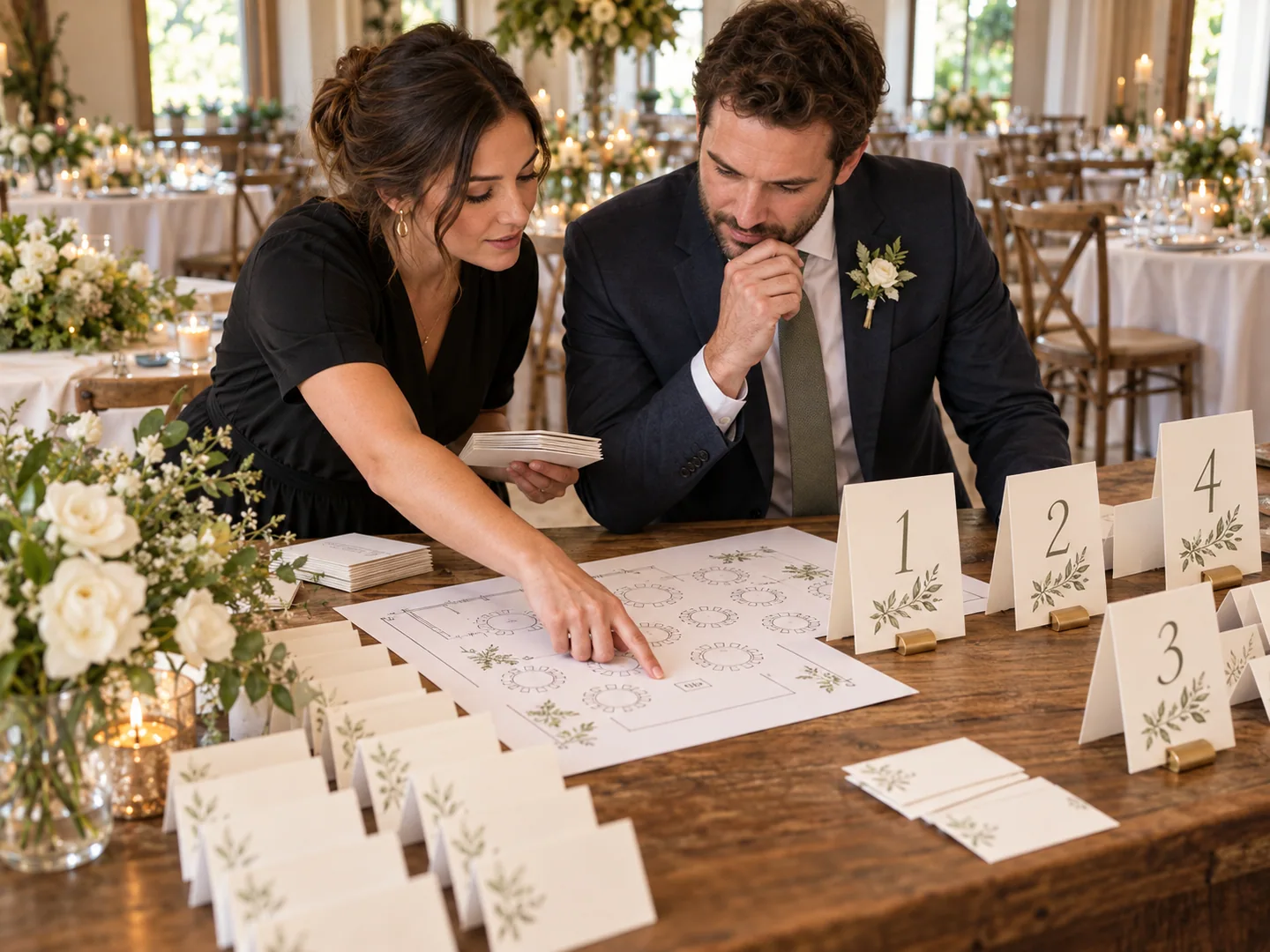 Hosts arranging a seating chart together