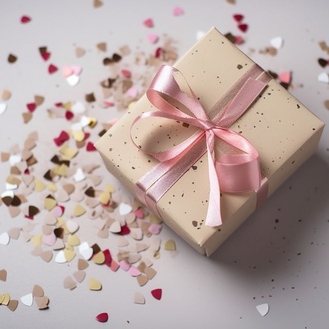 A wrapped gift with a pink ribbon among heart-shaped confetti