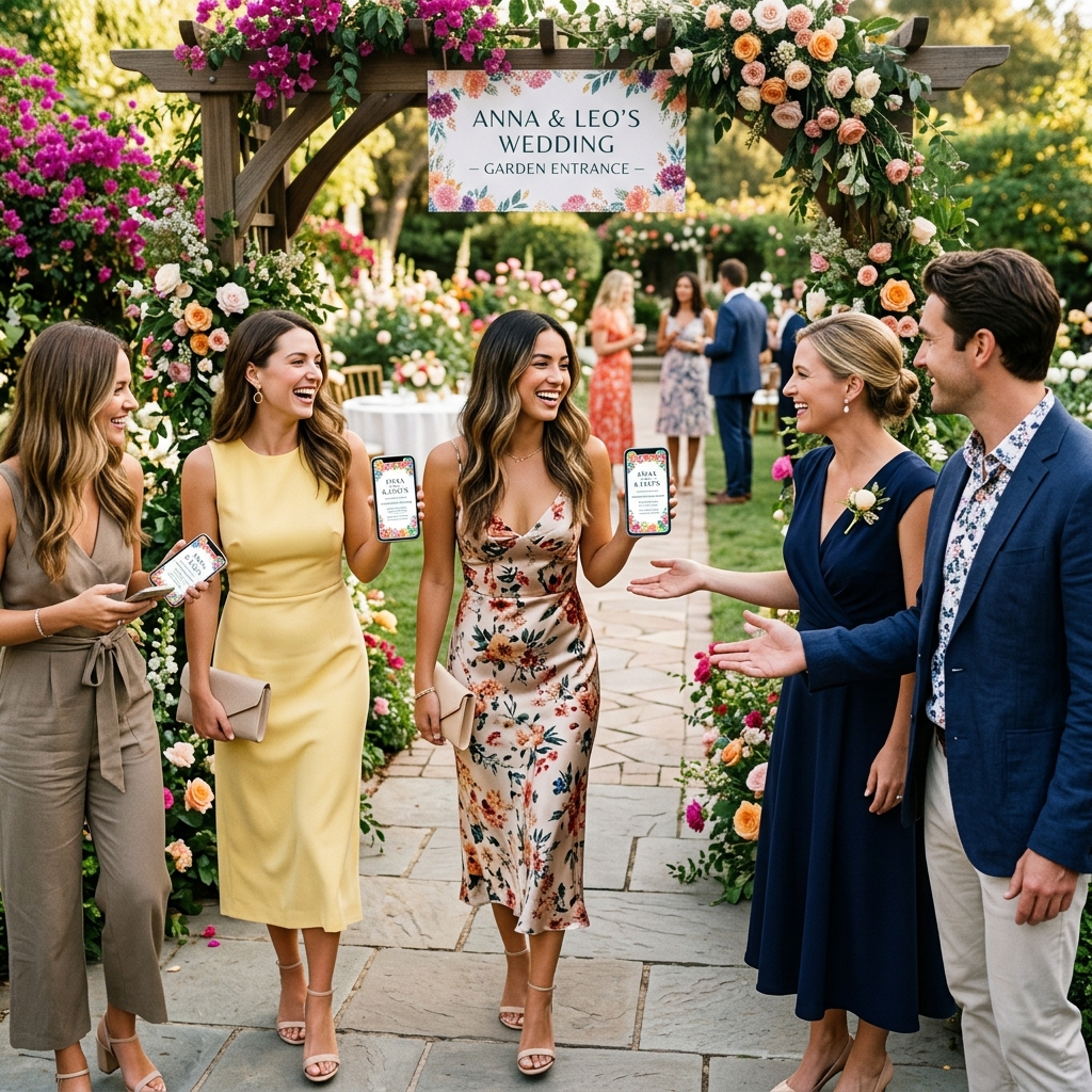 Guests arriving at garden venue holding digital invitations