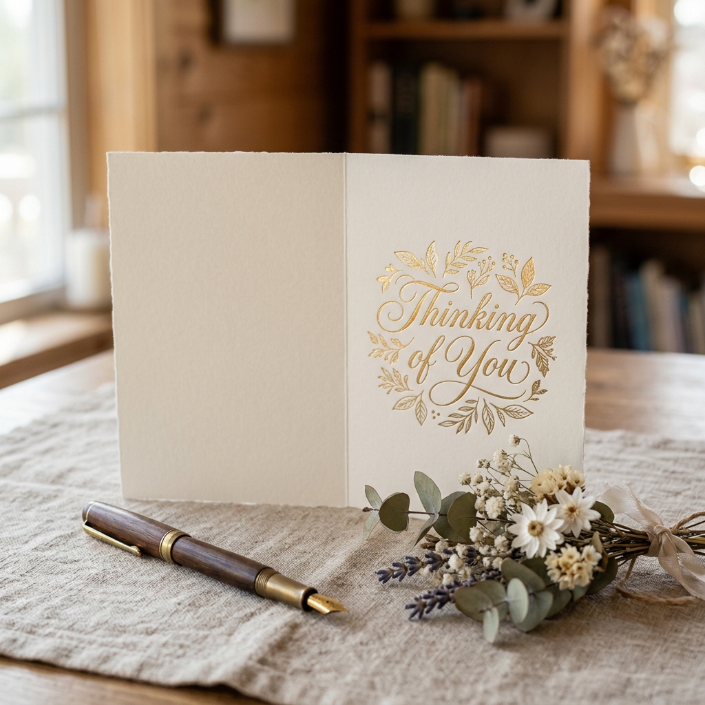 A carefully printed card on a writing desk