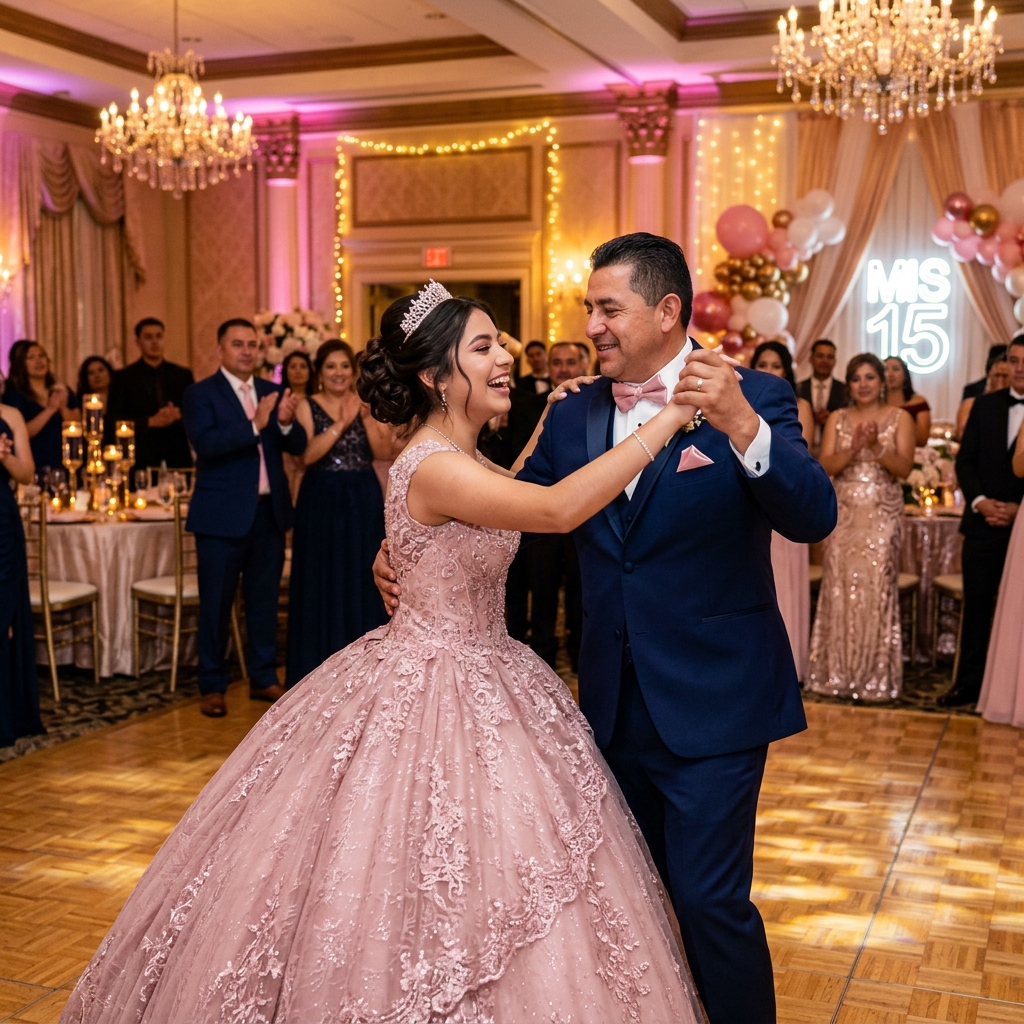 Young woman in pink ballgown dancing with her father
